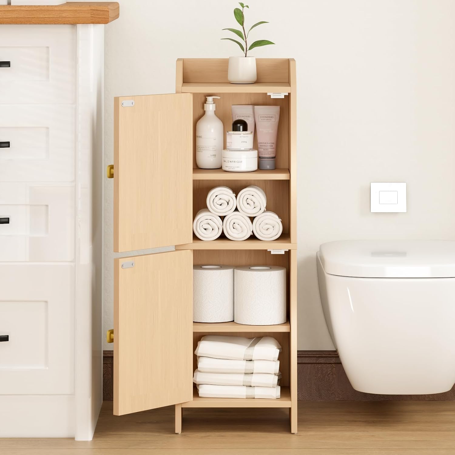 Narrow Oak Rattan Bathroom Storage Cabinet
