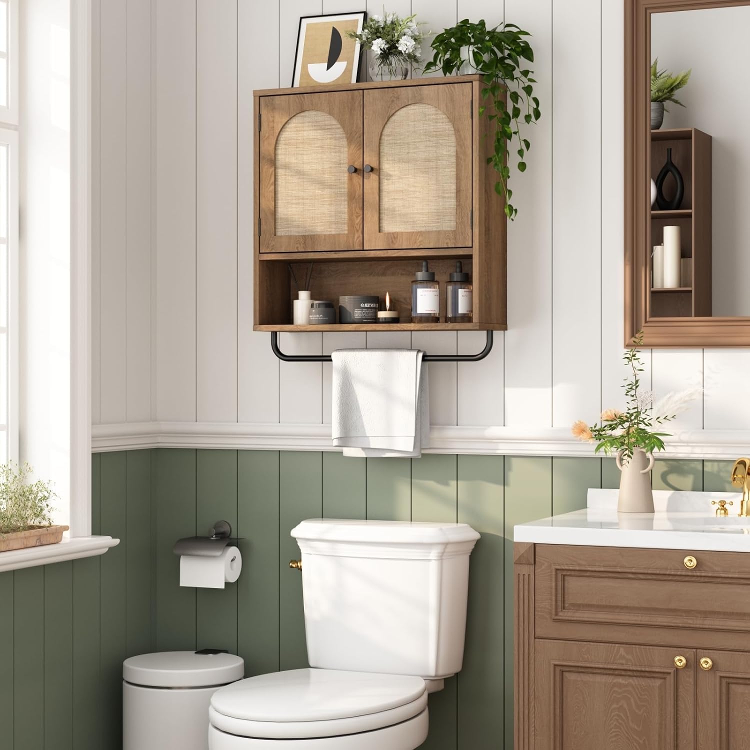 Boho Rattan Bathroom Wall Storage Cabinet