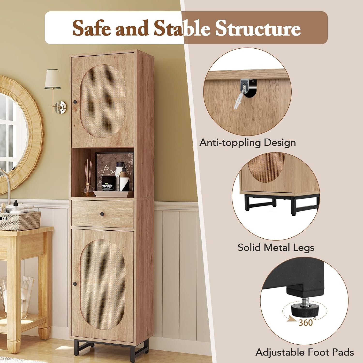 Rattan Tall Freestanding Bathroom Storage Cabinet