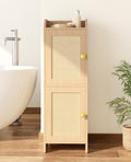 Narrow Oak Rattan Bathroom Storage Cabinet