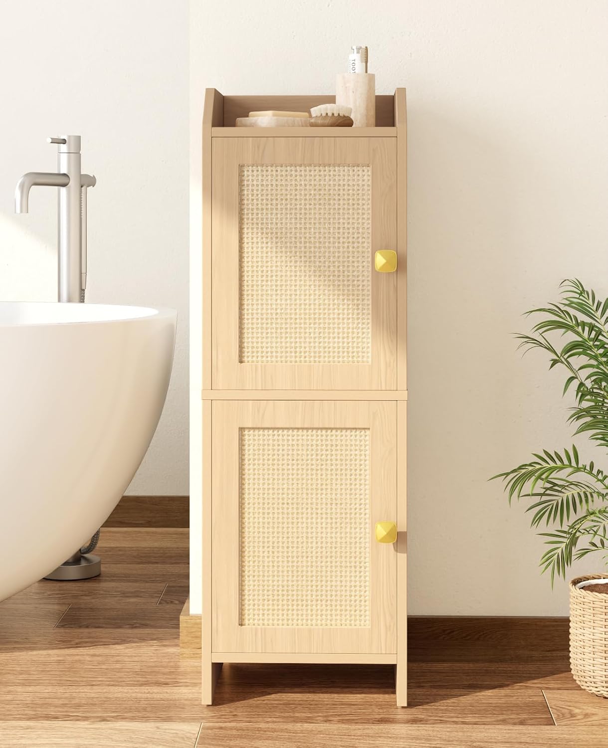 Narrow Oak Rattan Bathroom Storage Cabinet