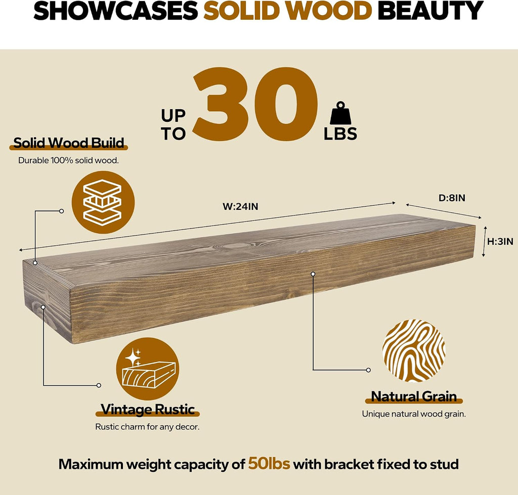 Solid Pine Wood Wall‑Mounted Floating Shelves