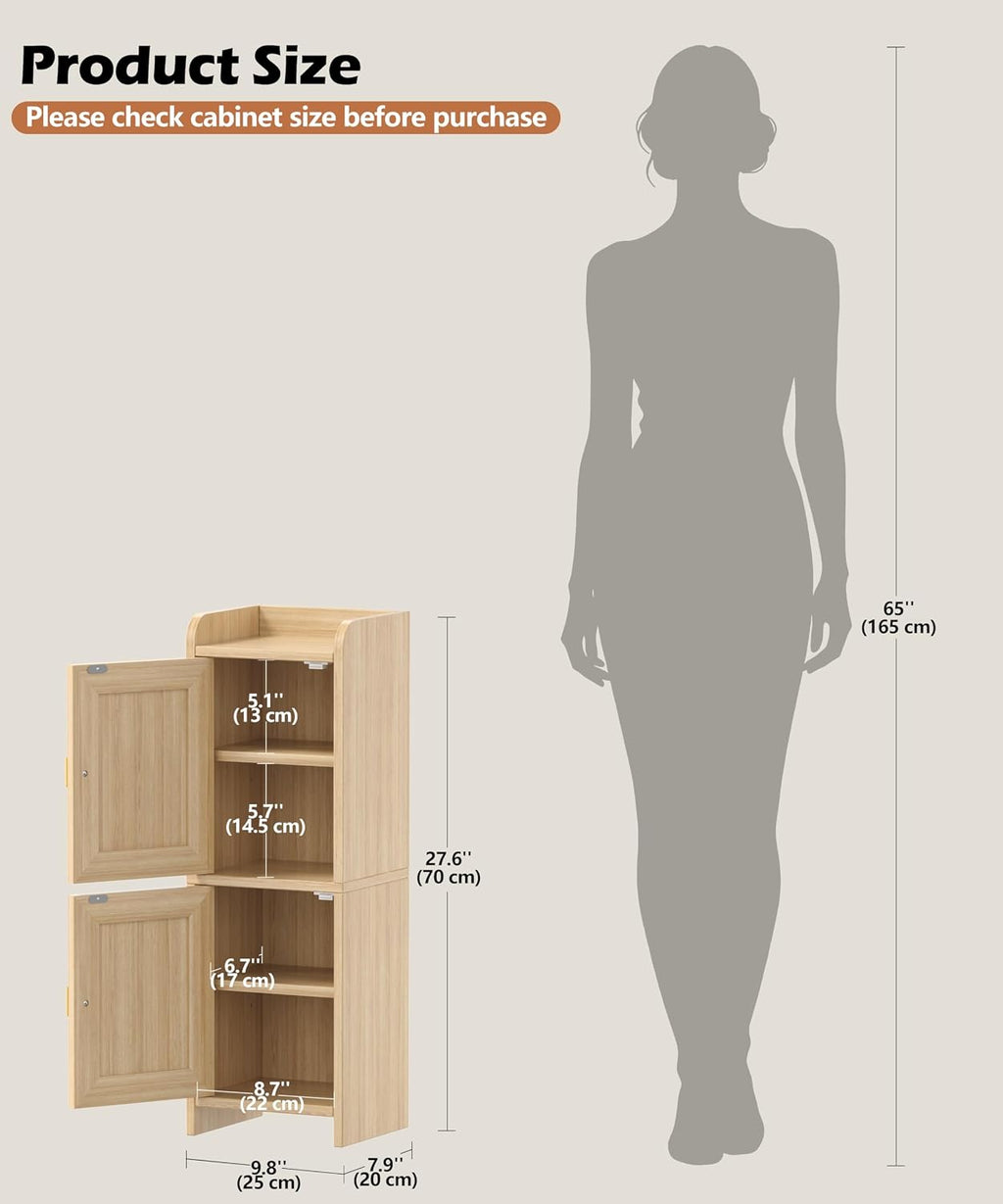 Narrow Oak Rattan Bathroom Storage Cabinet