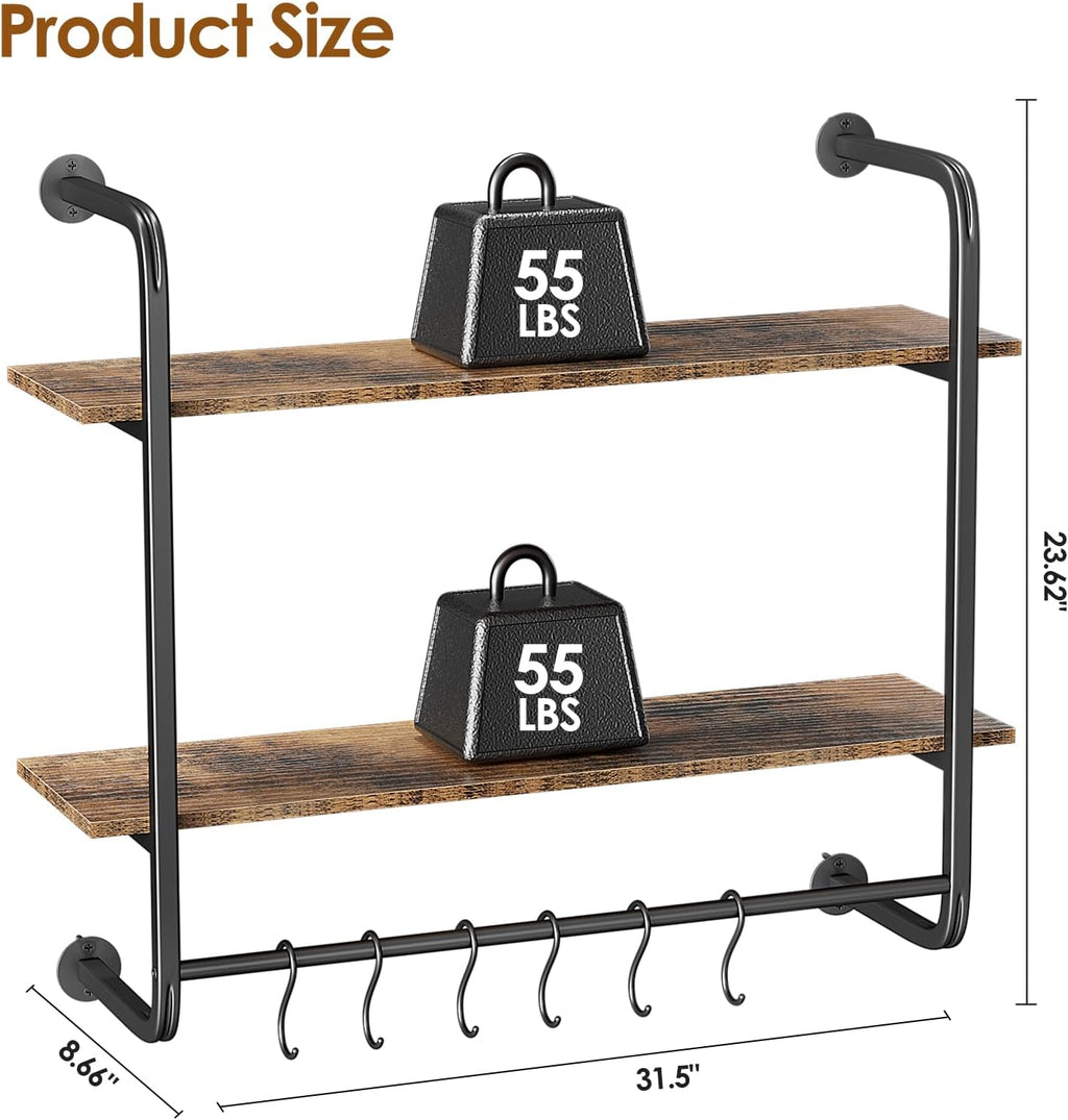 Industrial Pipe 2‑Tier Wall Floating Shelves