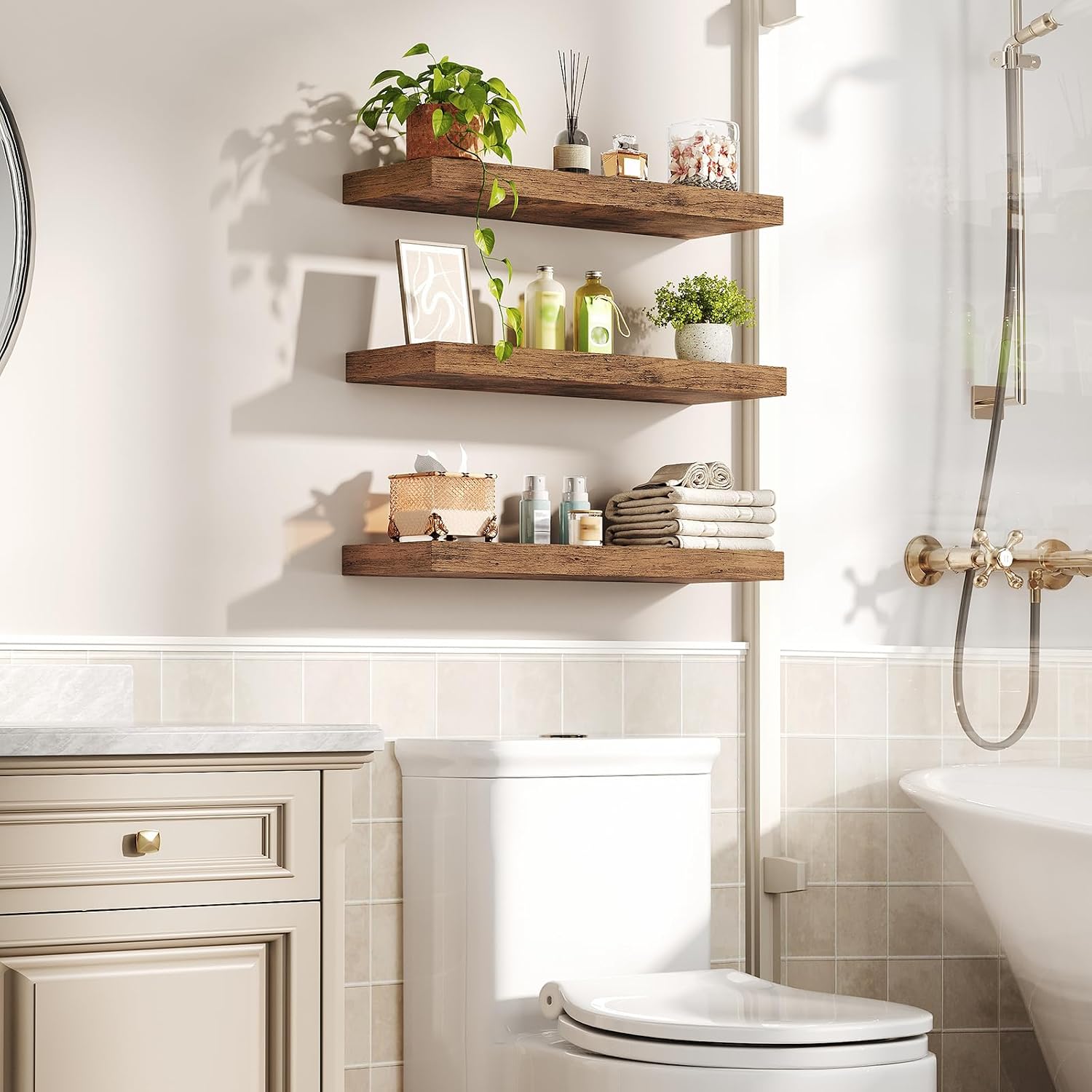 Farmhouse Wooden Wall‑Mounted Floating Shelves