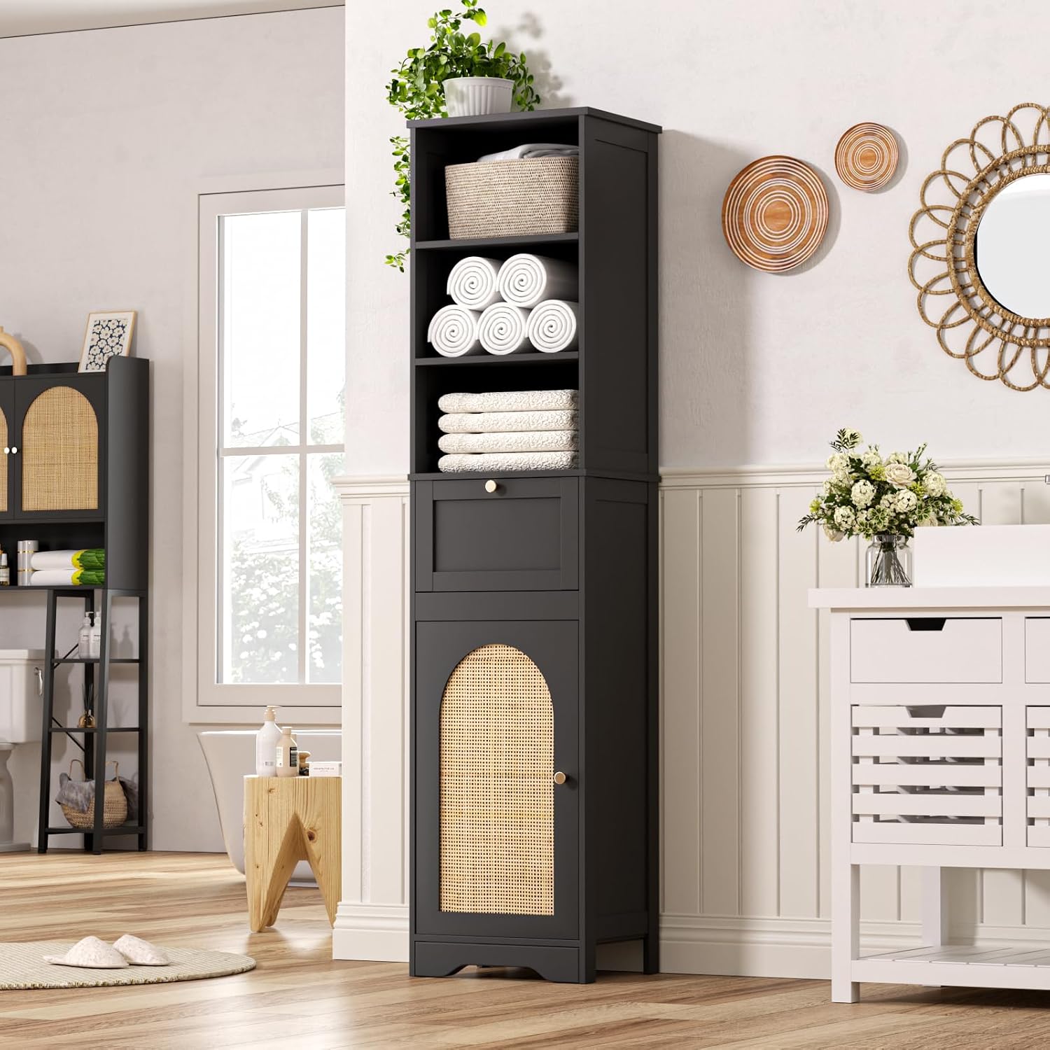 Tall Narrow Rattan Bathroom Storage Cabinet