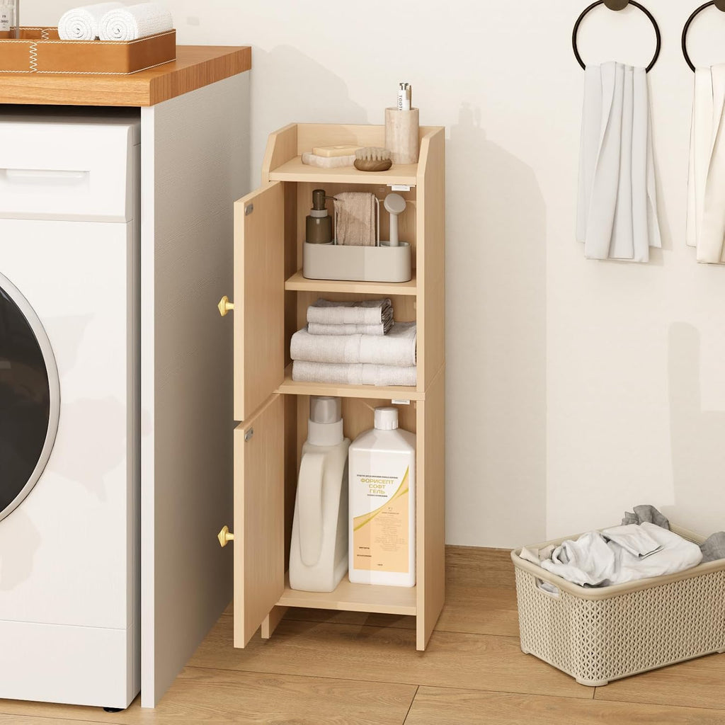 Narrow Oak Rattan Bathroom Storage Cabinet