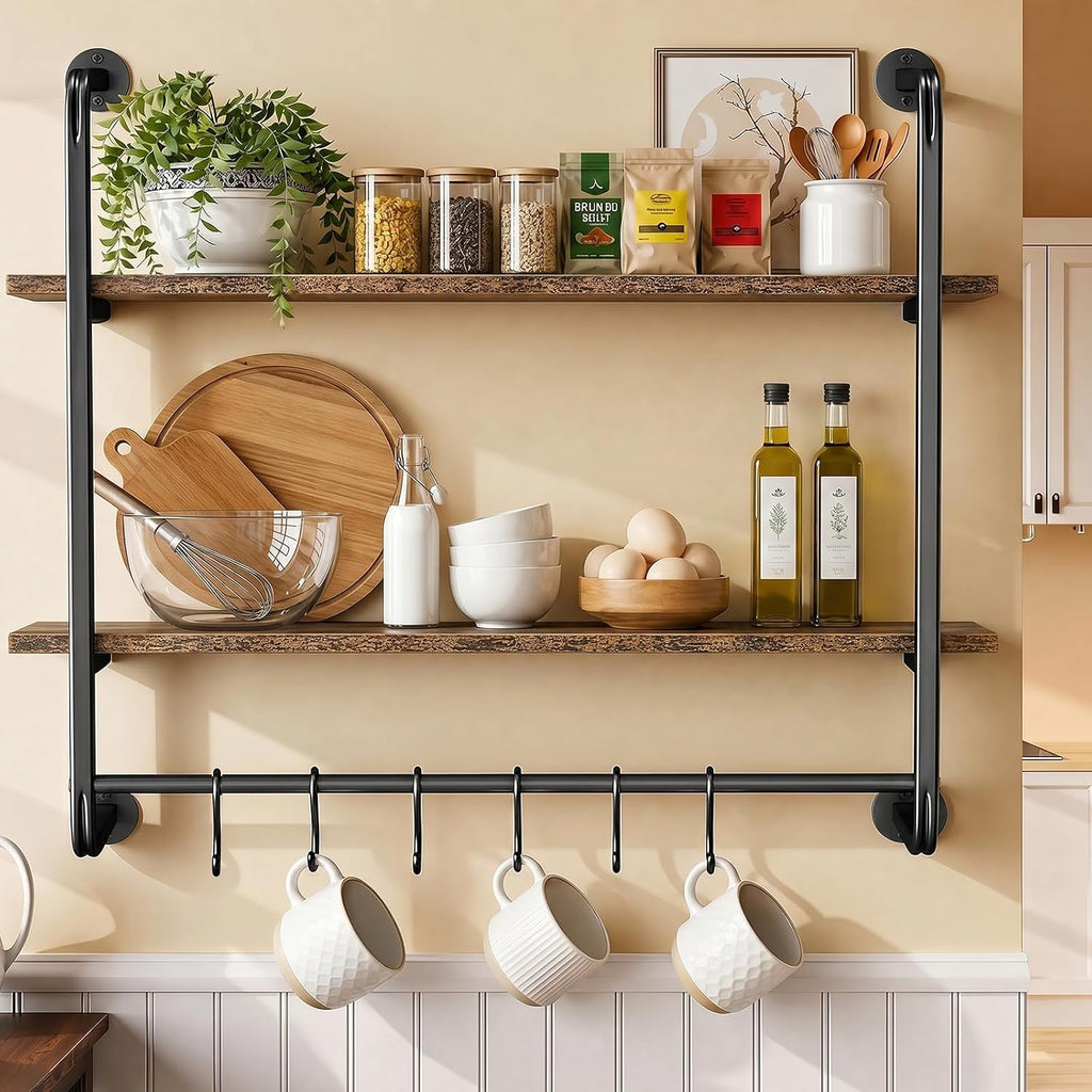 Industrial Pipe 2‑Tier Wall Floating Shelves