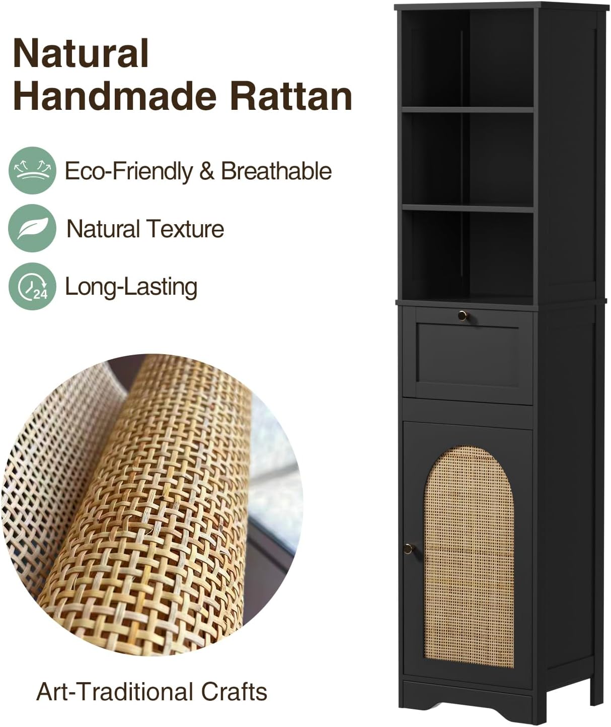 Tall Narrow Rattan Bathroom Storage Cabinet