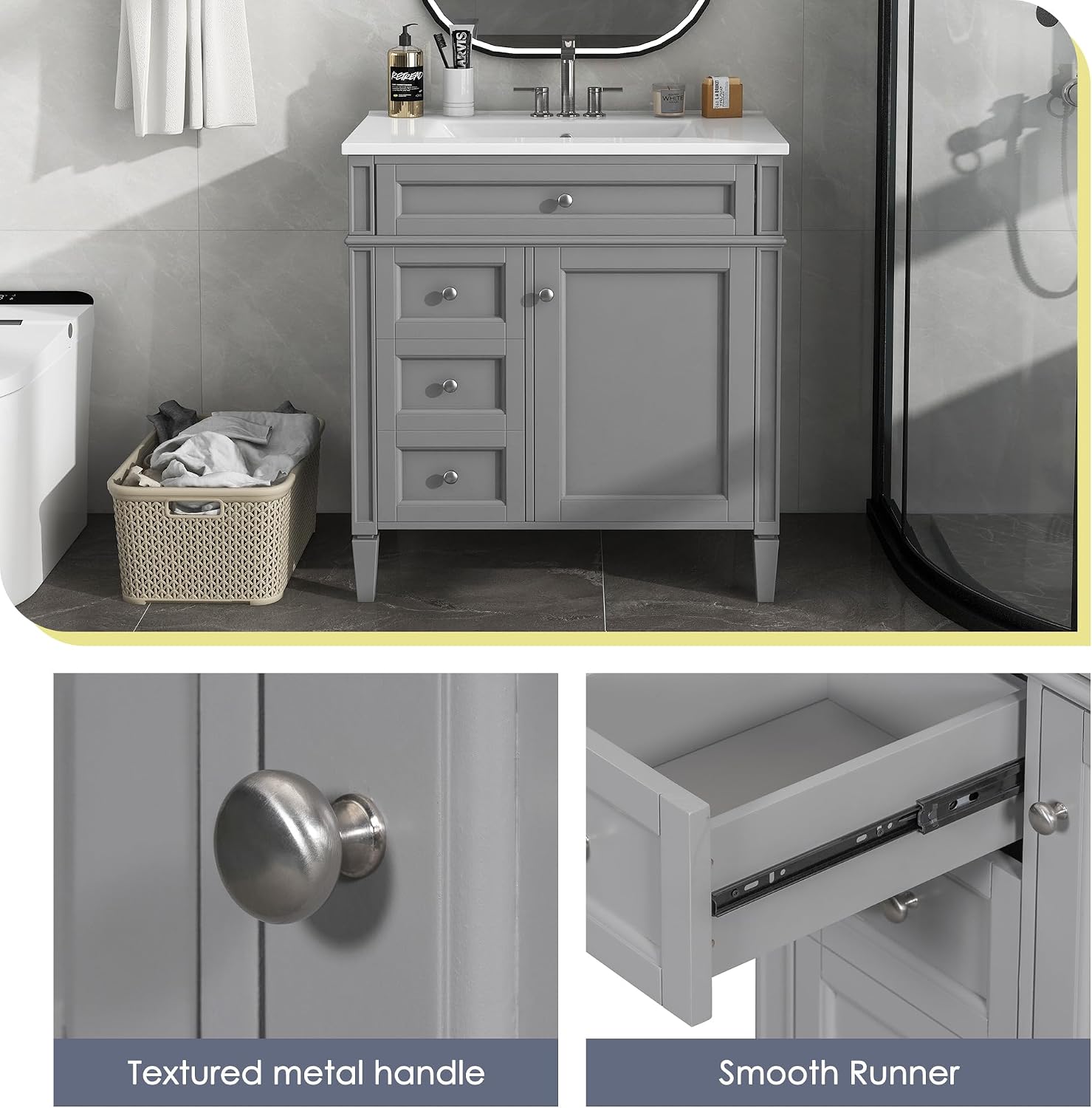 Gray Bathroom Vanity With Ceramic Sink