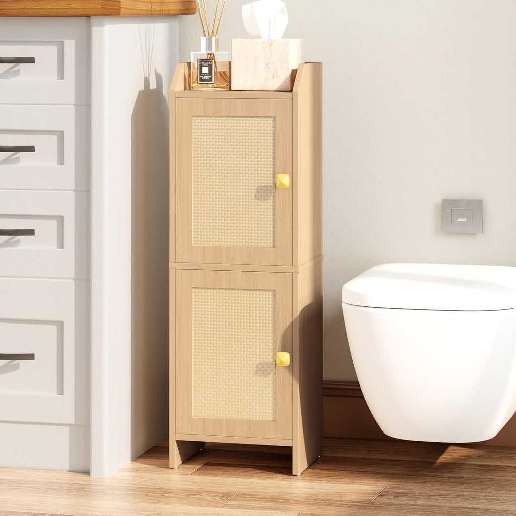 Narrow Oak Rattan Bathroom Storage Cabinet