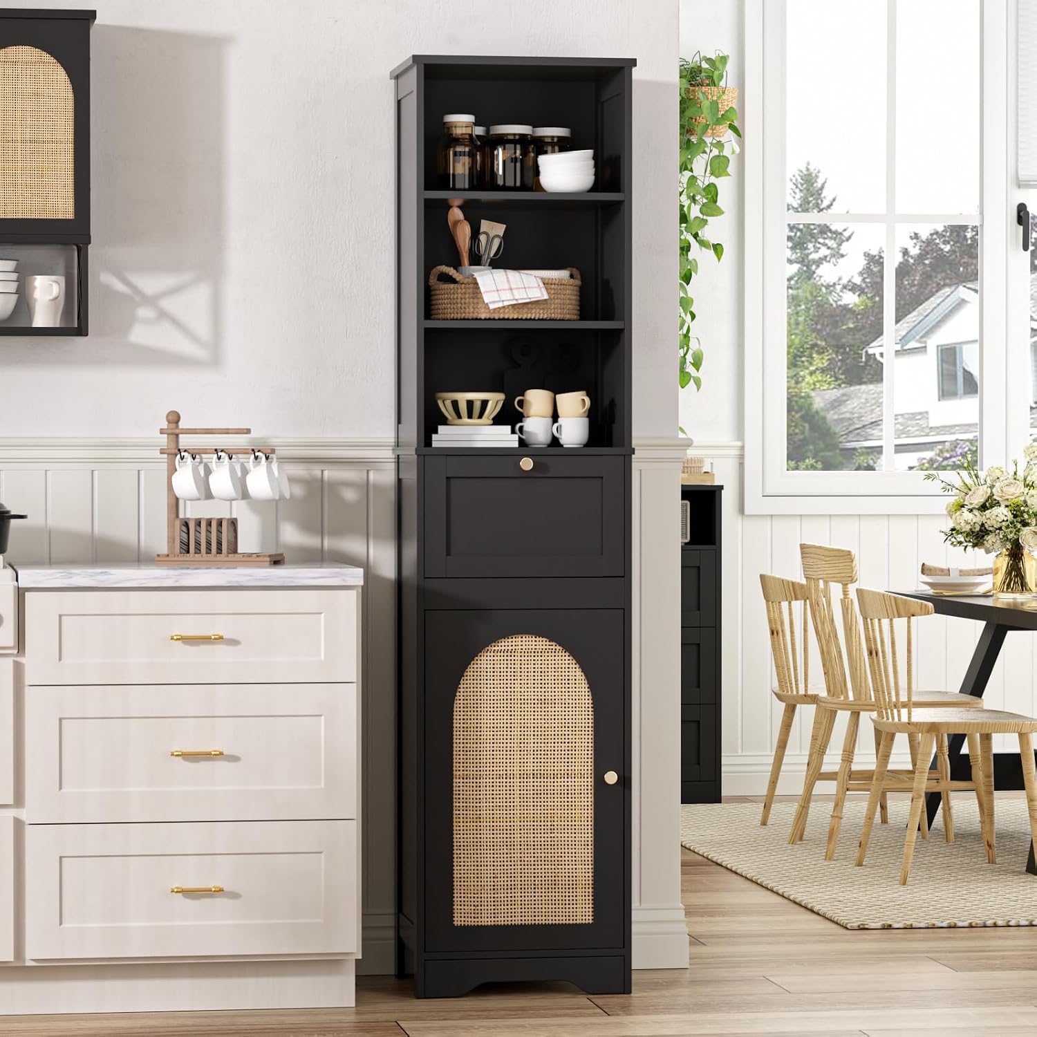Tall Narrow Rattan Bathroom Storage Cabinet