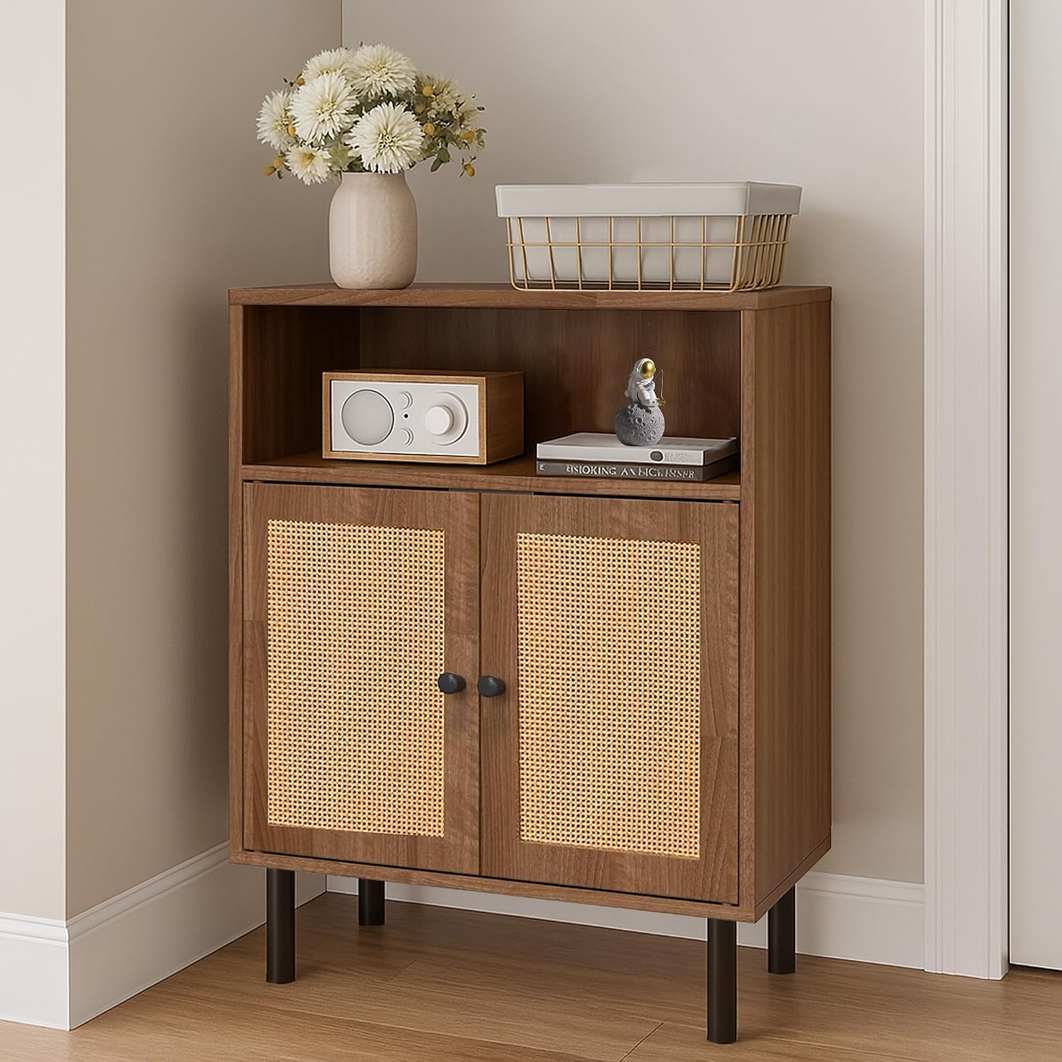 Boho Rattan Accent Storage Cabinet