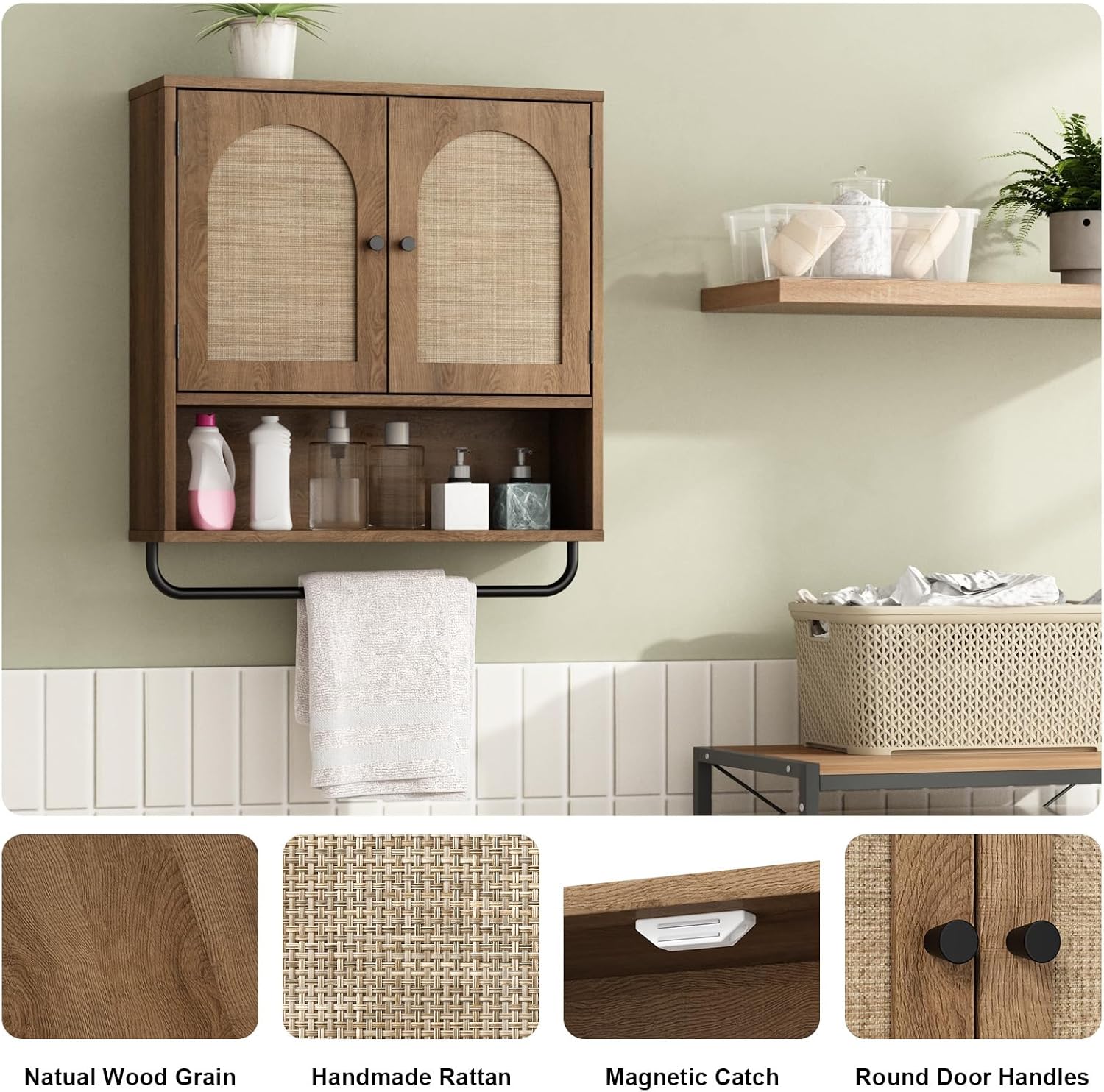 Boho Rattan Bathroom Wall Storage Cabinet