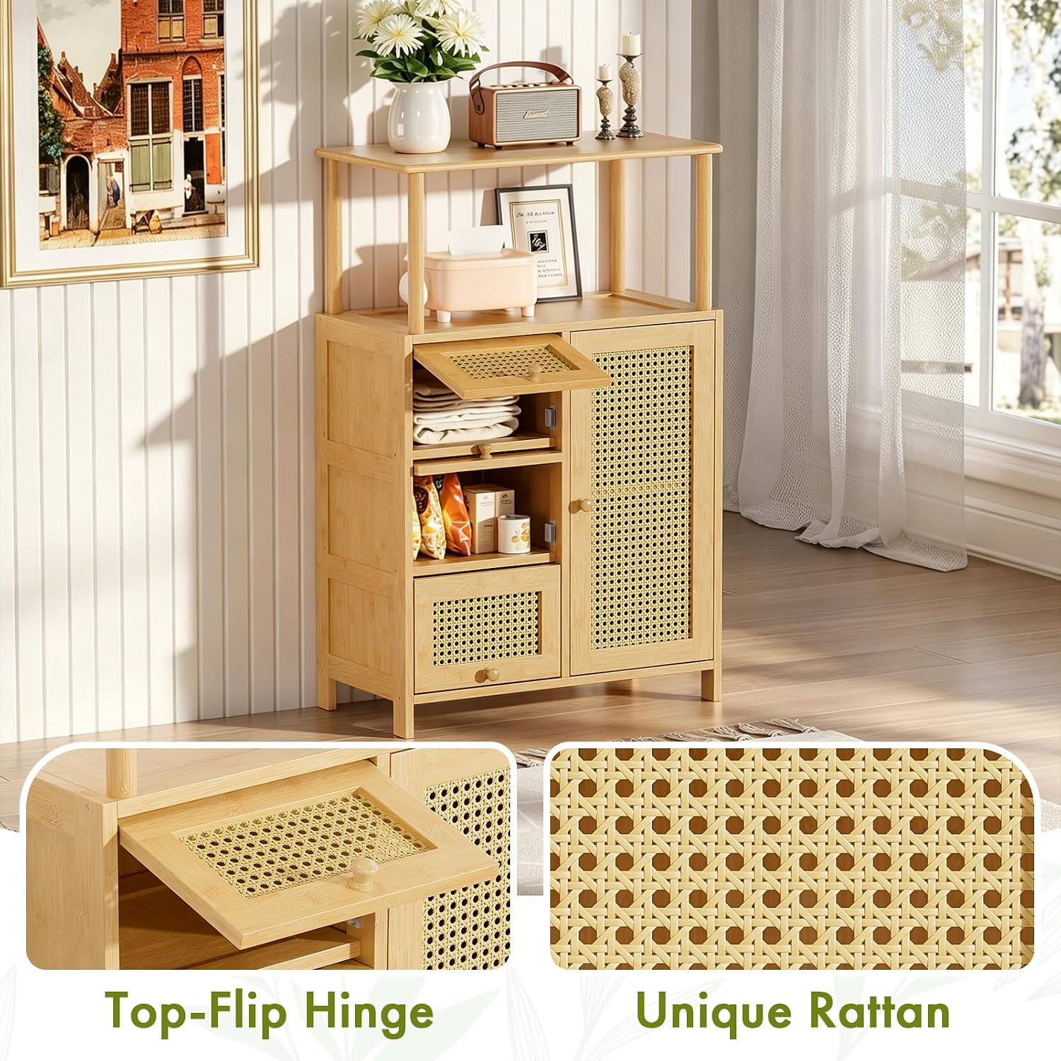 Bamboo Rattan‑Door Kitchen Sideboard Cabinet