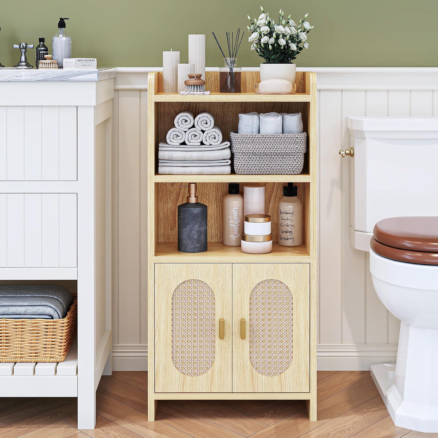 Slim Rattan‑Door Bathroom Storage Cabinet