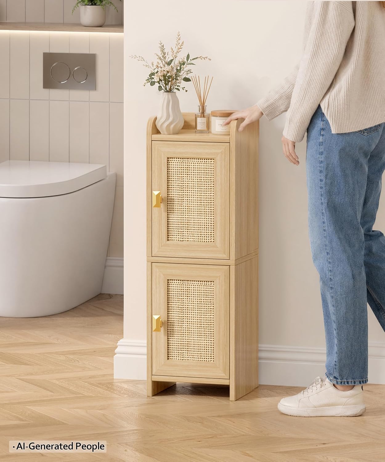 Narrow Oak Rattan Bathroom Storage Cabinet