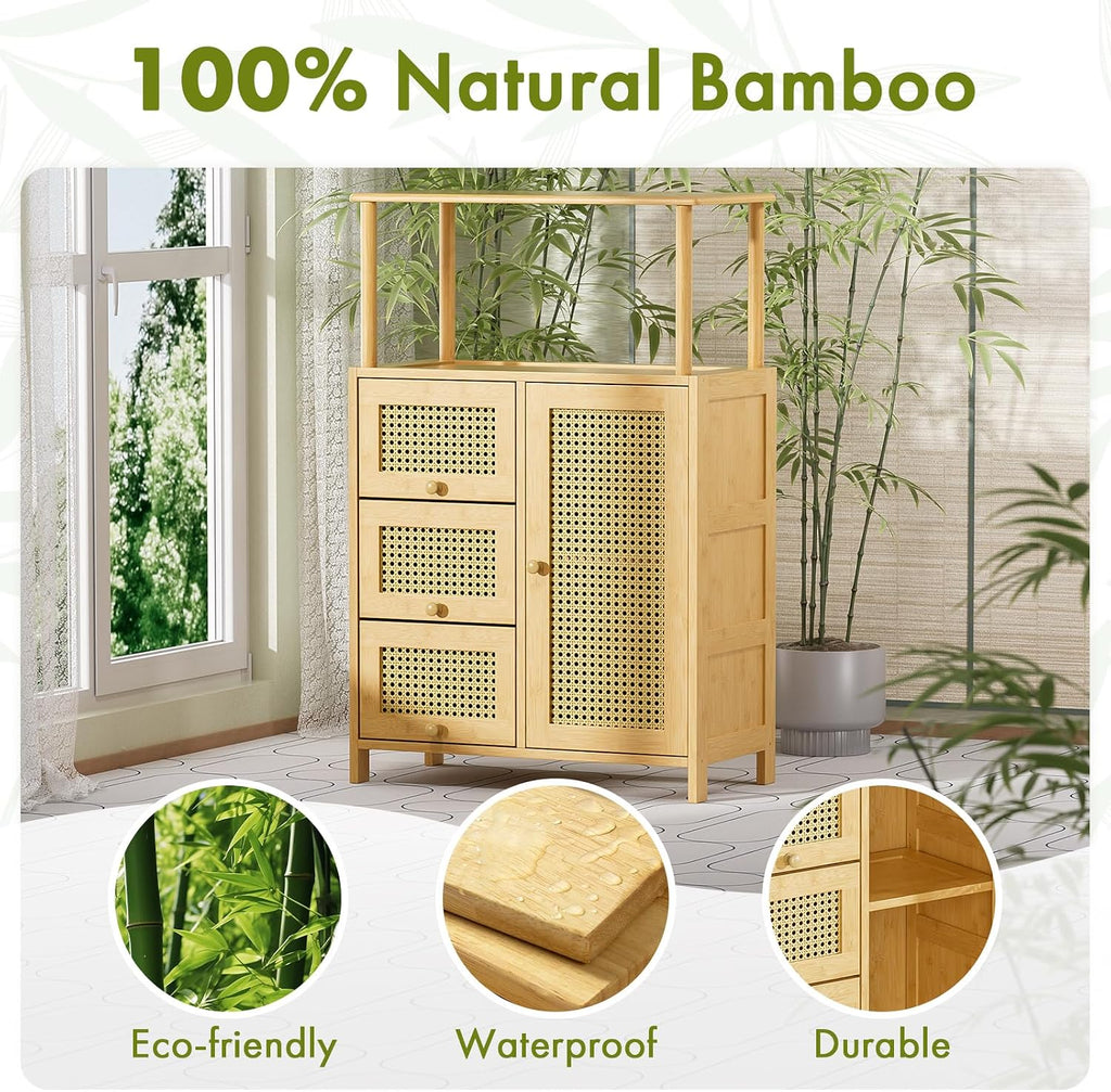 Bamboo Rattan‑Door Kitchen Sideboard Cabinet