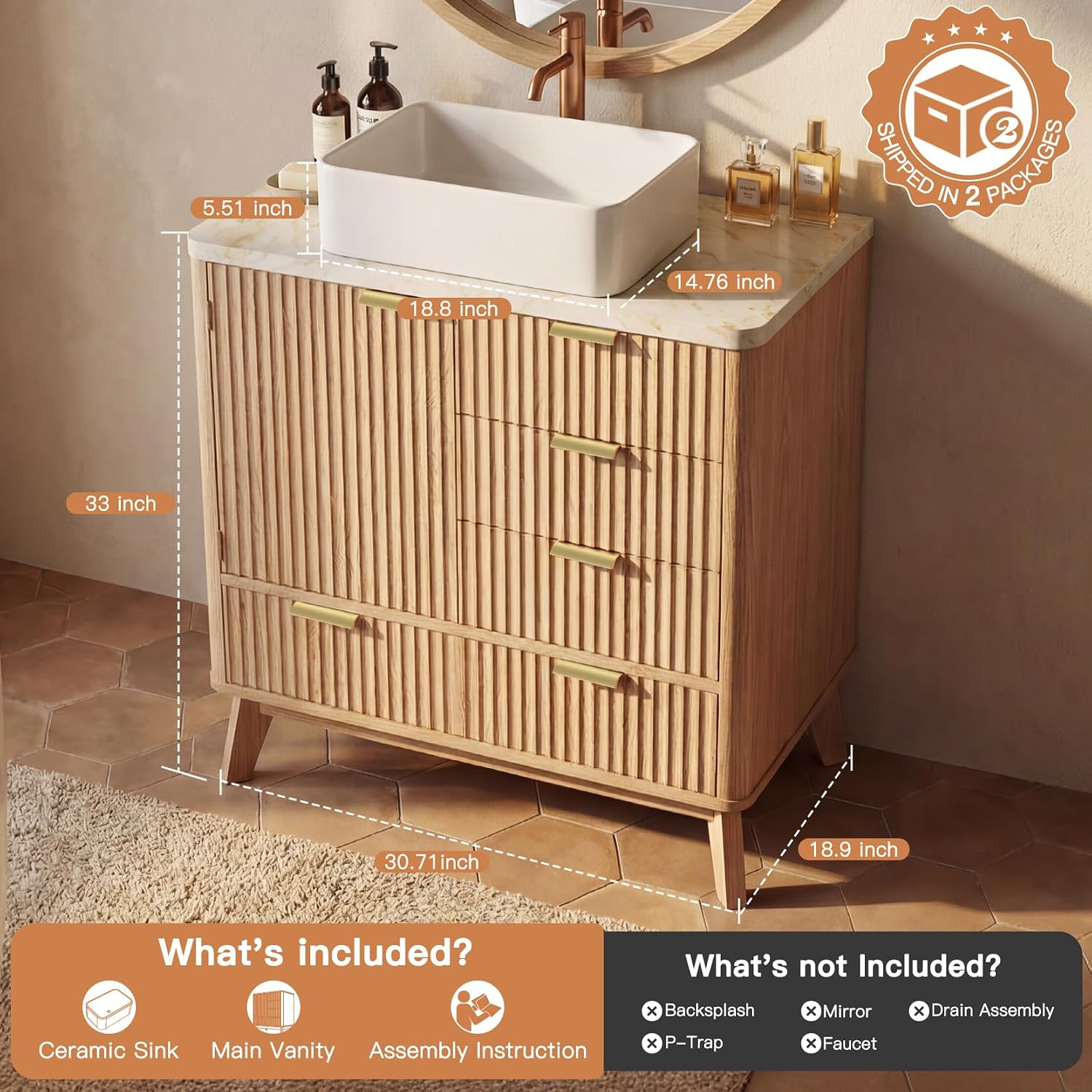 Fluted Oak Bathroom Vanity With Sink