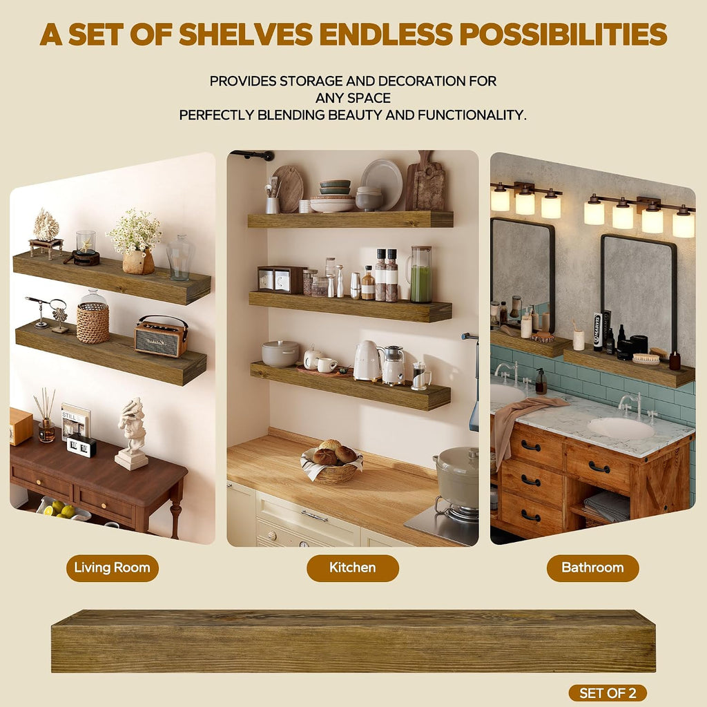 Solid Pine Wood Wall‑Mounted Floating Shelves