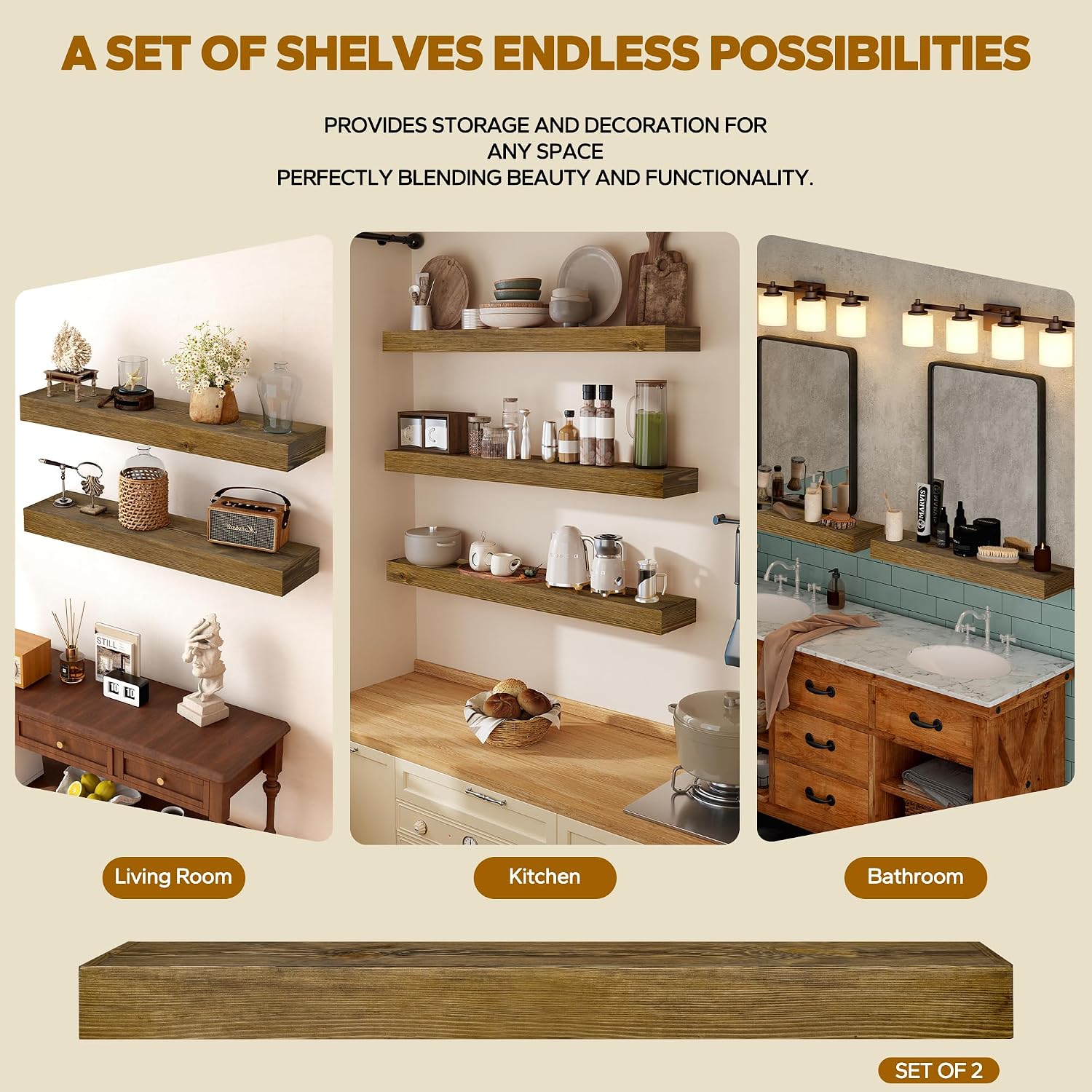 Solid Pine Wood Wall‑Mounted Floating Shelves