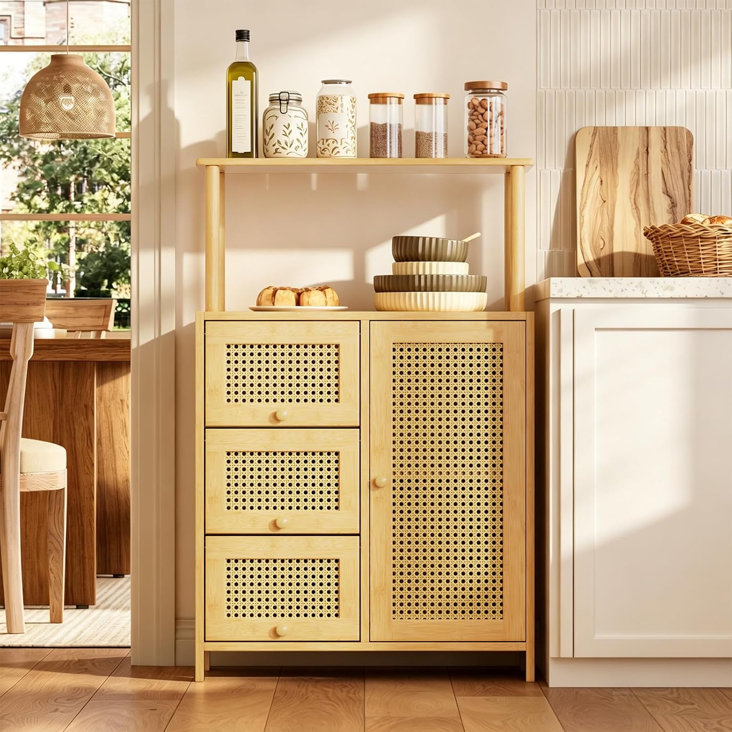 Bamboo Rattan‑Door Kitchen Sideboard Cabinet