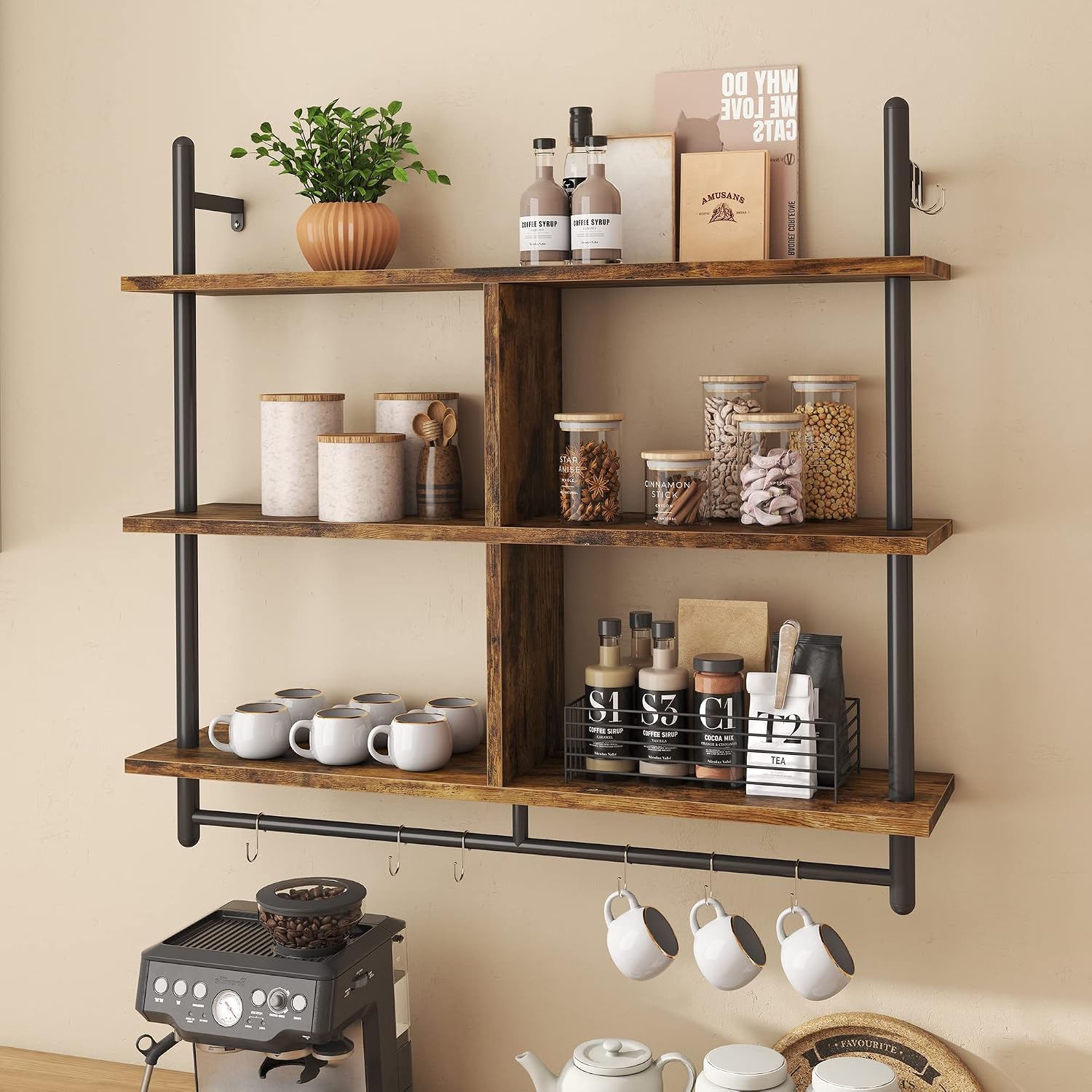 Industrial 3‑Tier Wall Coffee Bar Shelves