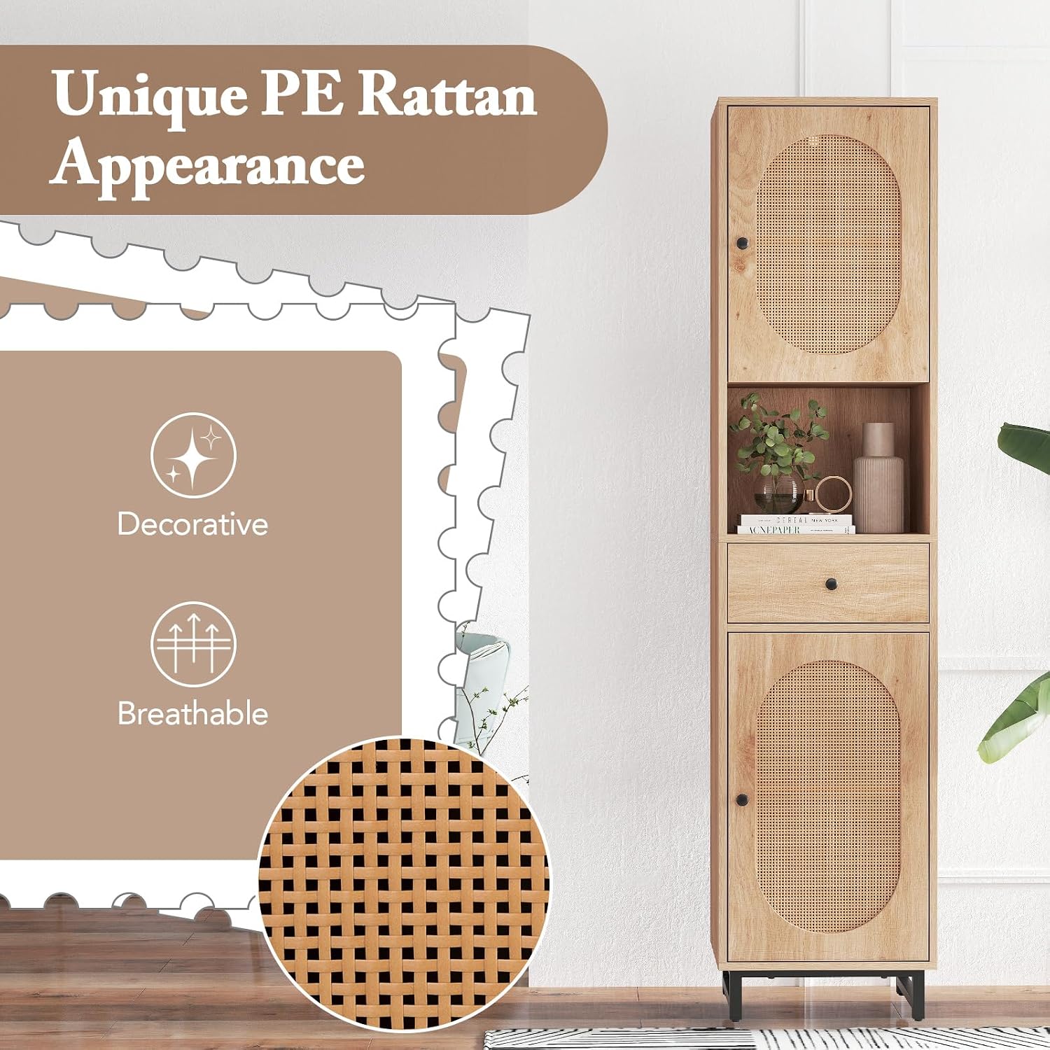Rattan Tall Freestanding Bathroom Storage Cabinet
