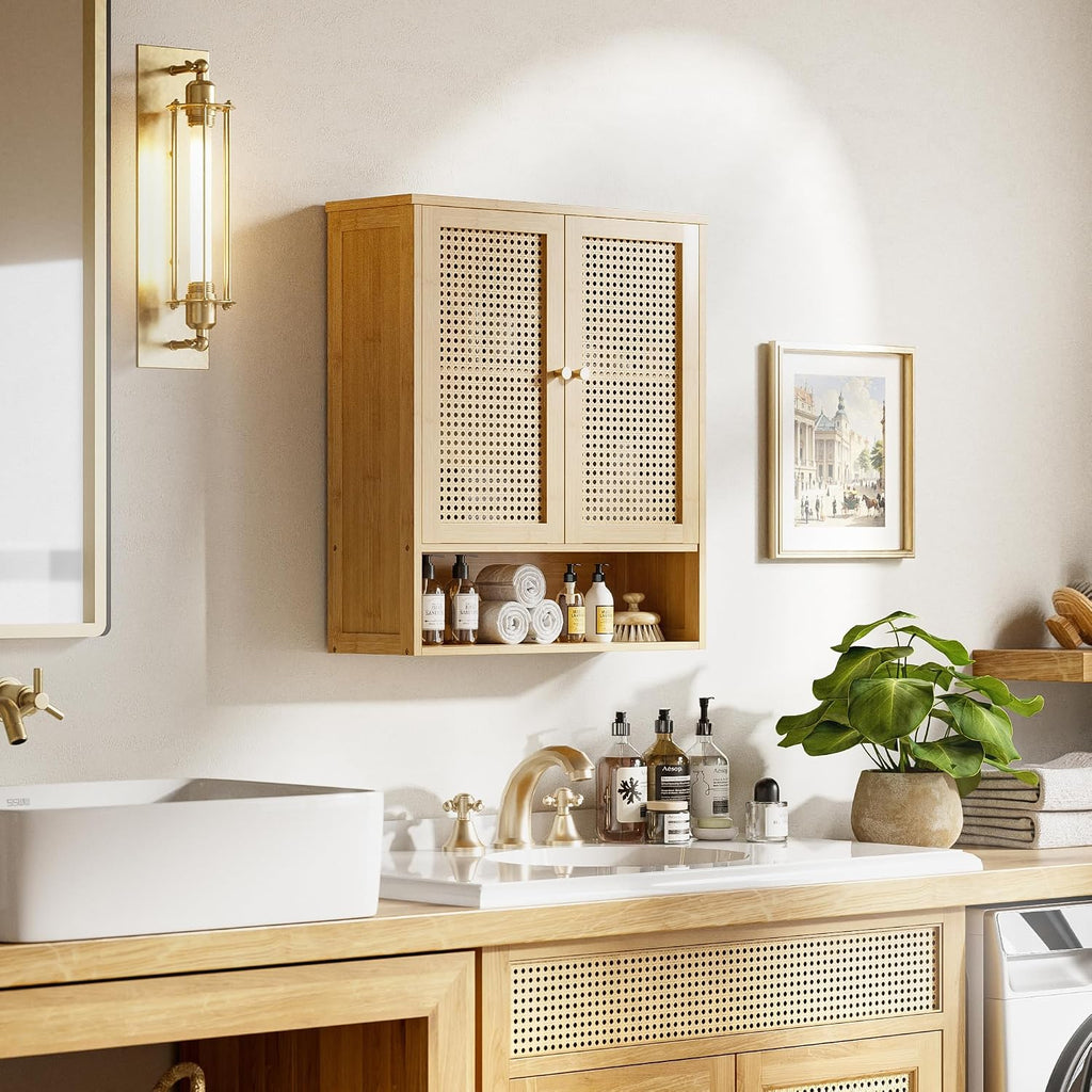 Wall‑Mounted Bamboo Rattan Bathroom Cabinet