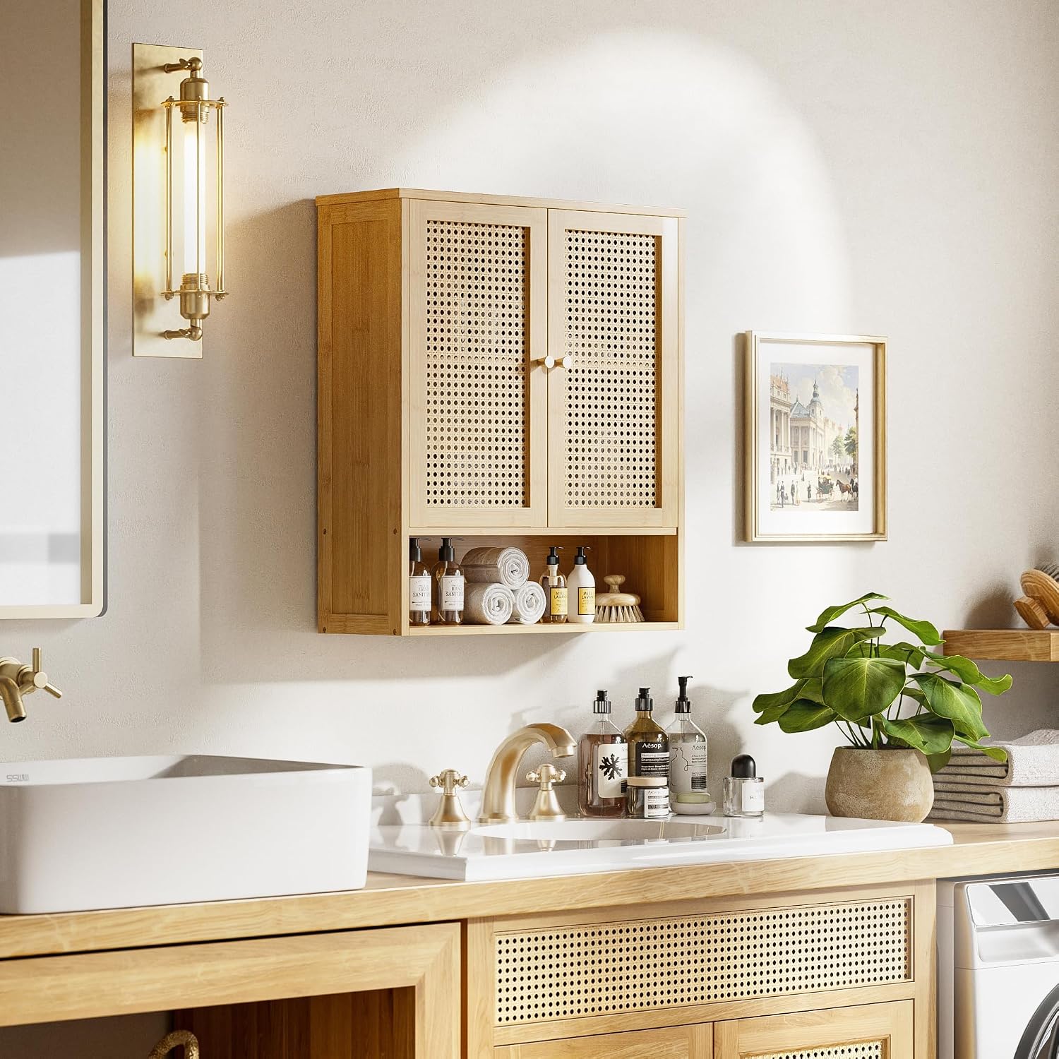 Wall‑Mounted Bamboo Rattan Bathroom Cabinet