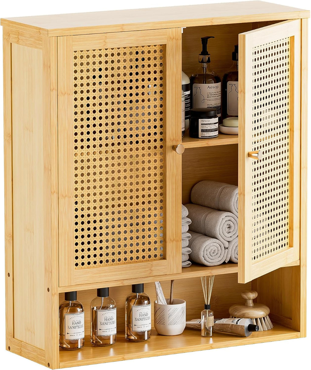 Wall‑Mounted Bamboo Rattan Bathroom Cabinet