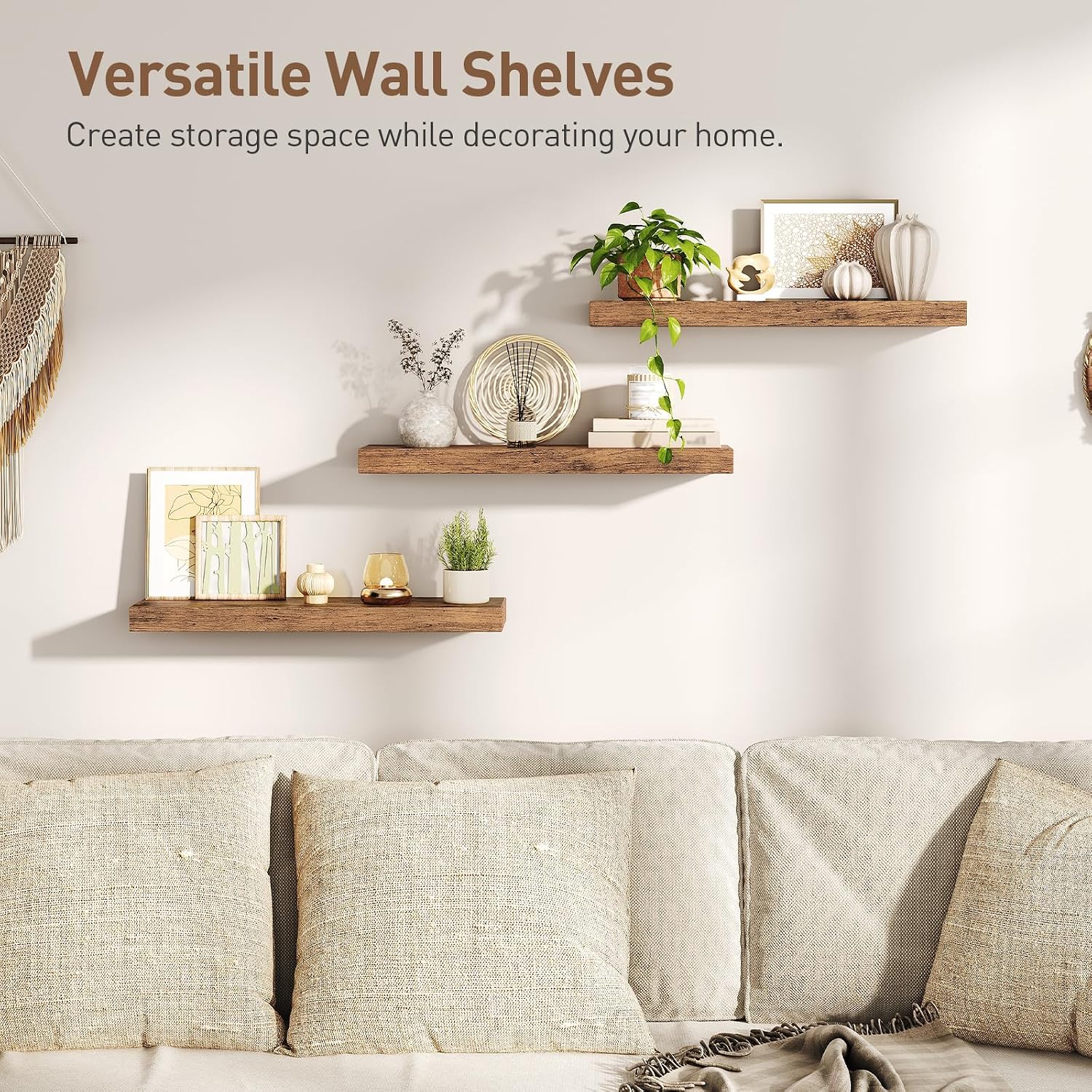 Farmhouse Wooden Wall‑Mounted Floating Shelves