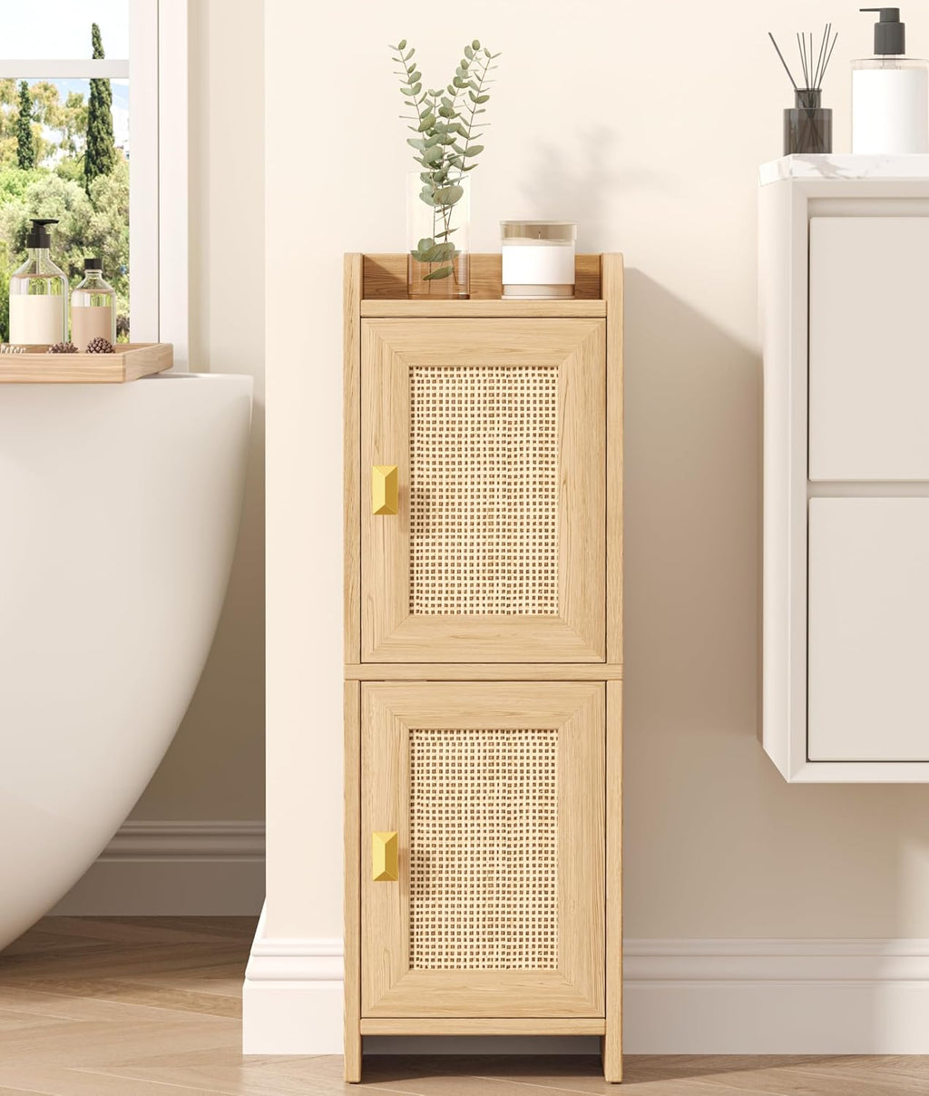 Narrow Oak Rattan Bathroom Storage Cabinet