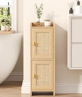 Narrow Oak Rattan Bathroom Storage Cabinet