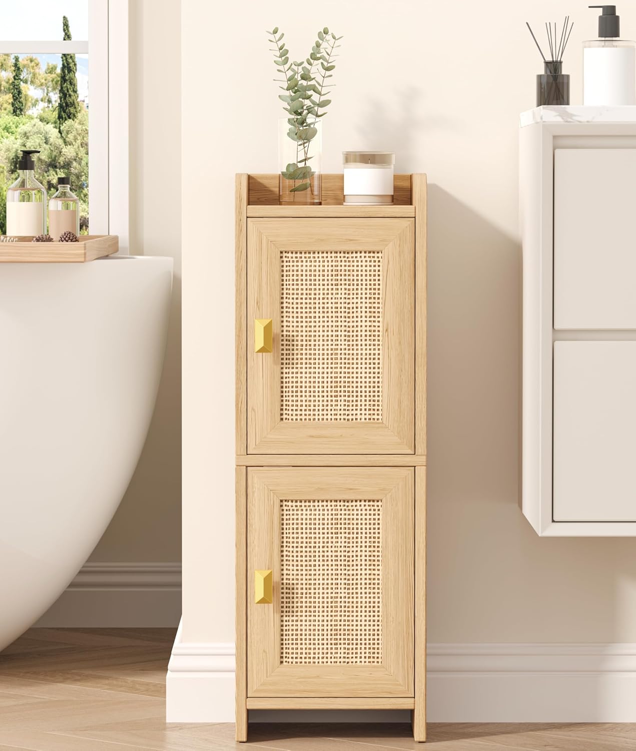 Narrow Oak Rattan Bathroom Storage Cabinet