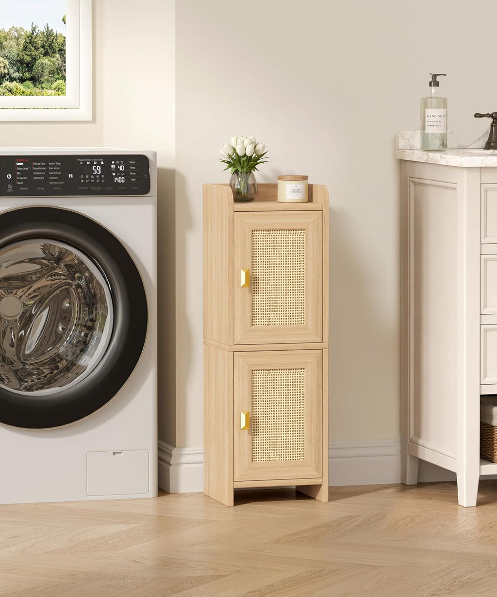 Narrow Oak Rattan Bathroom Storage Cabinet