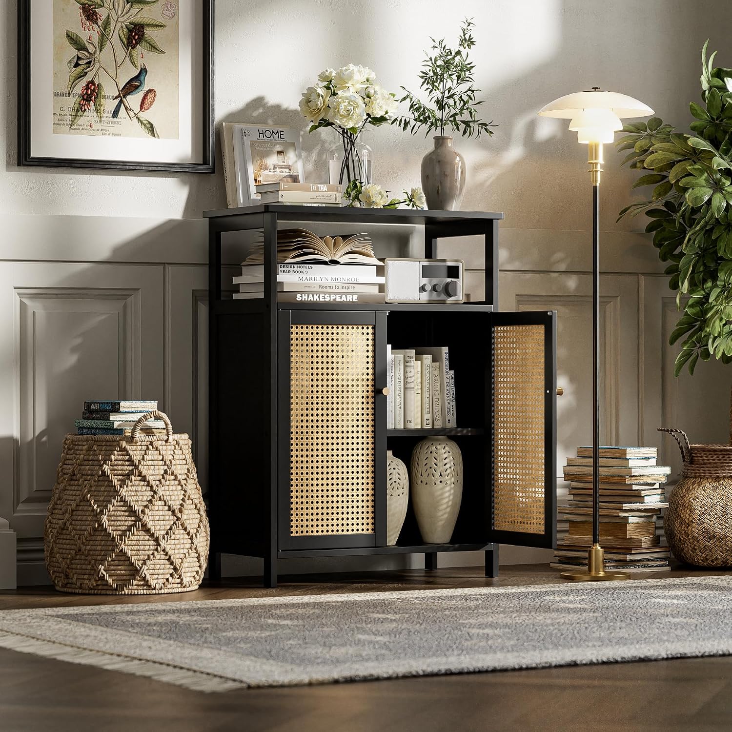 Freestanding Bamboo Rattan Storage Cabinet