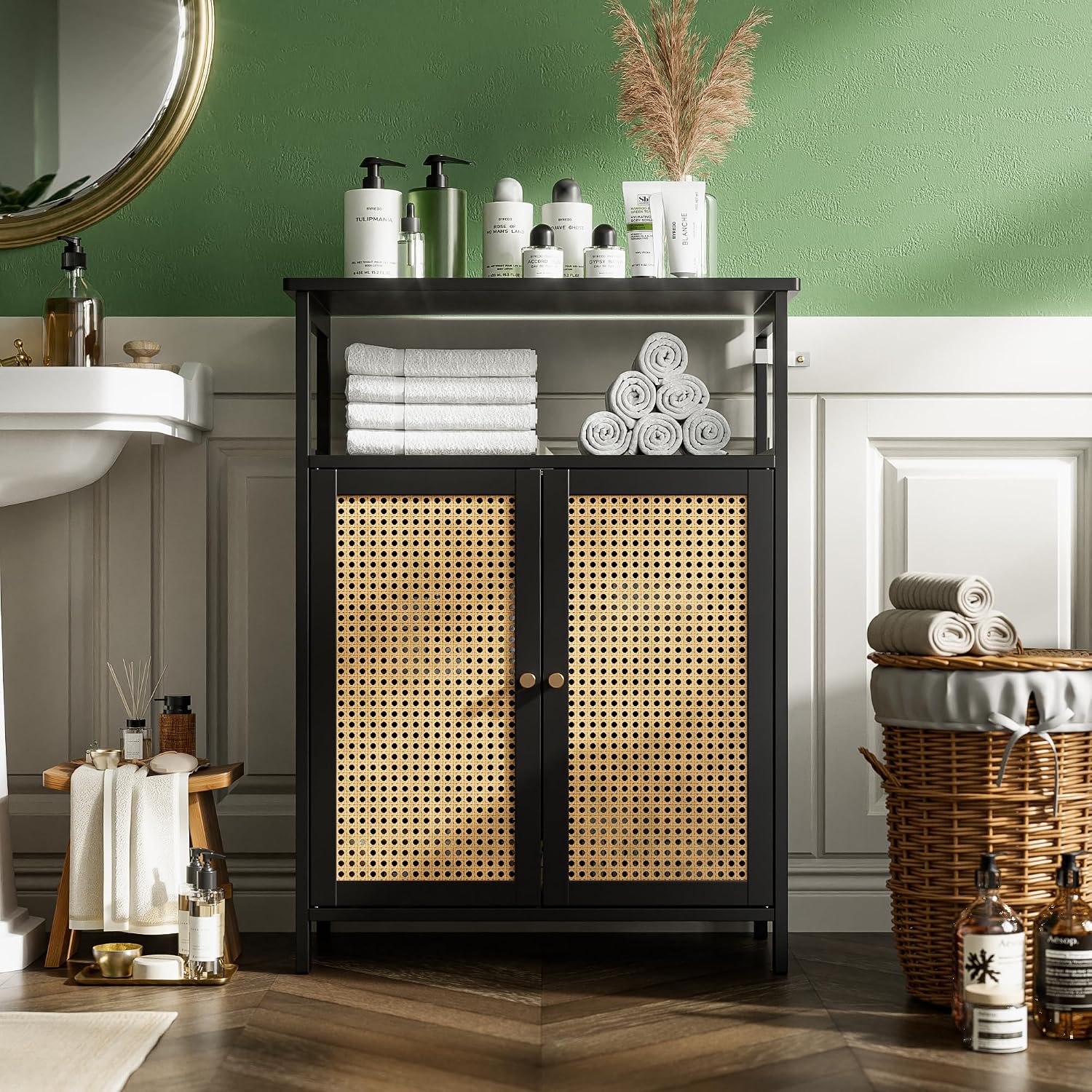 Freestanding Bamboo Rattan Storage Cabinet